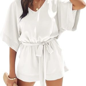 Pepochic Medium White Women’s Casual V-Neck Belted Romper w/ Pockets